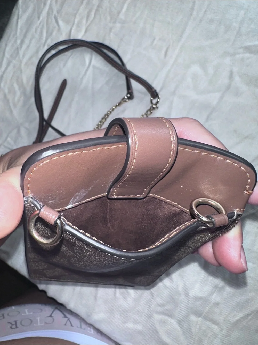 Coach Brown Signature Canvas Crossbody Phone Pouch with Chain Strap